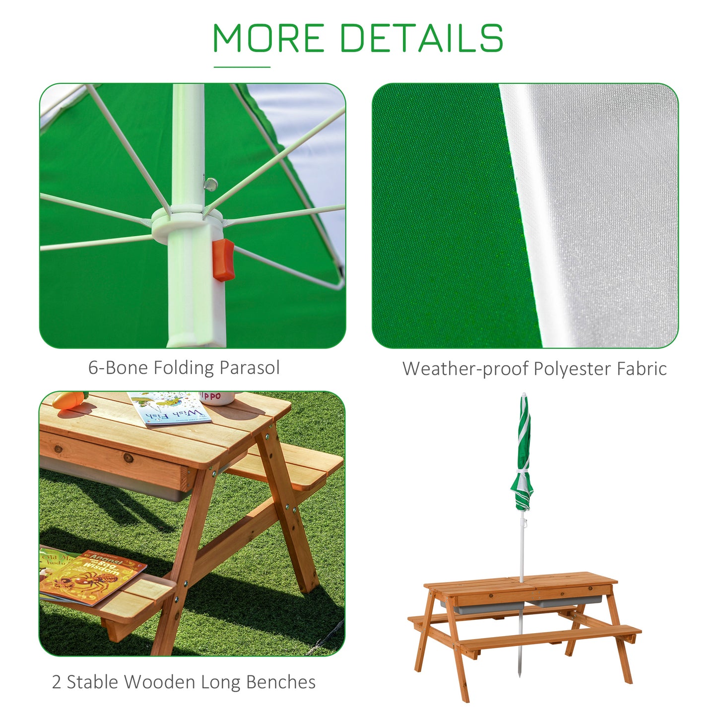 Kids Picnic Table with Benches, Wooden Sand and Water Table, Adjustable Parasol, Storage Bins, for Kids 3-6 Years, Brown
