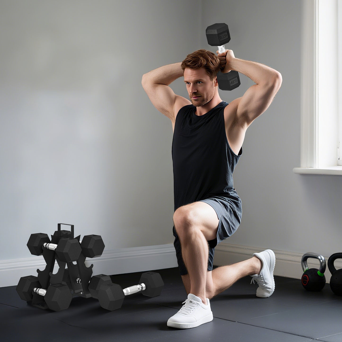 Hex Dumbbell Set with Weights Storage Rack, Rubber Coated Dumbbells, Non-Slip Chrome Handles