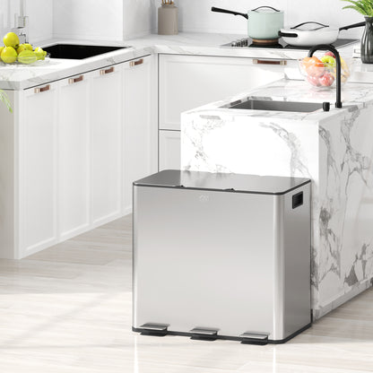 3 x 15L Pedal Bin, Steel Triple Kitchen Bin with Soft Close Lid, Removable Inner Buckets, Fingerprint-Proof, Silver Tone