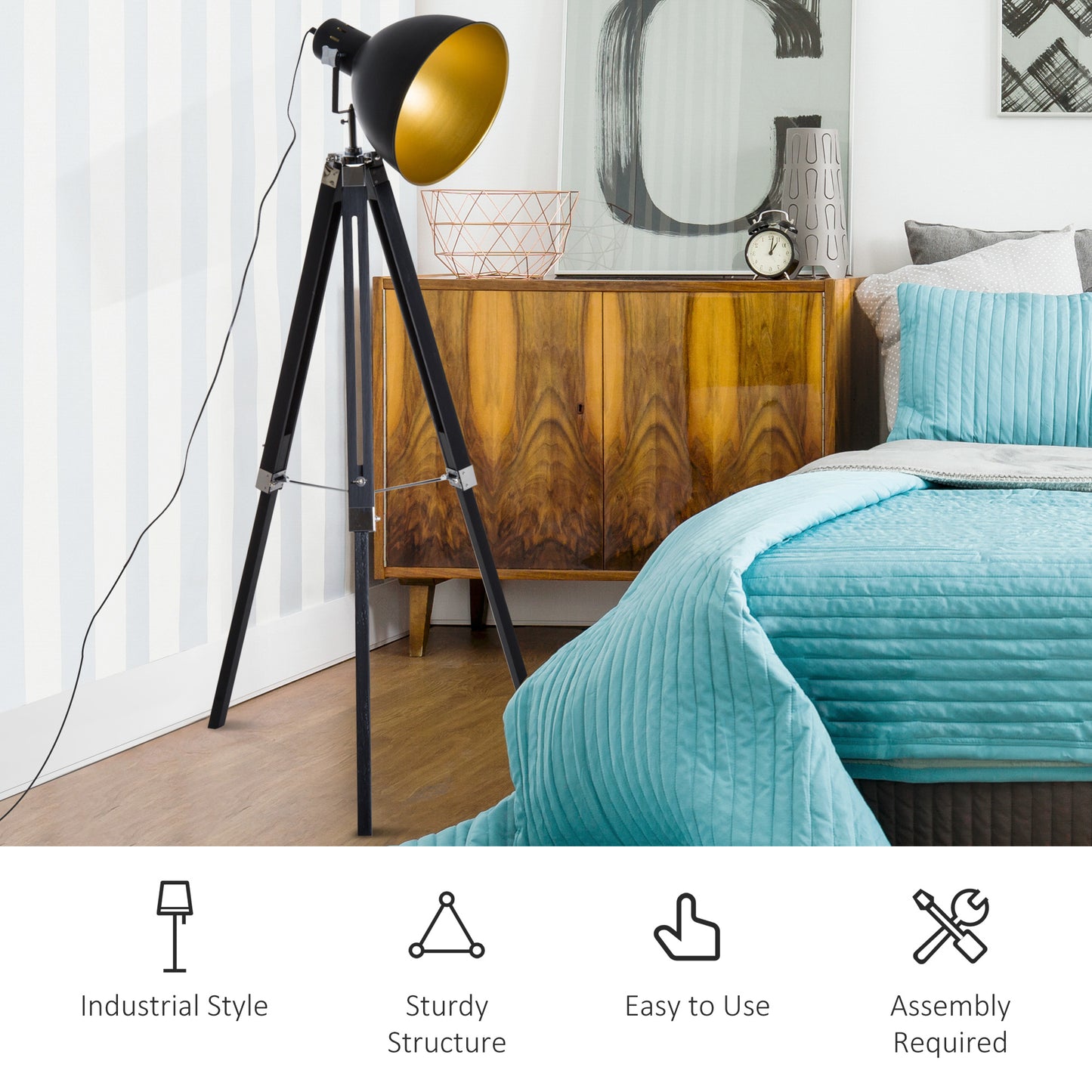 Tripod Floor Lamp, Spotlight Reading Lamp w/ Adjustable Height, Angle, Wood Legs for Living Room, Bedroom, Home, Office