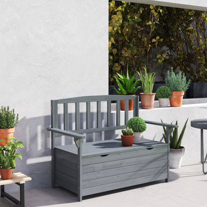 Outdoor 2 Seater Garden Bench, Wooden Bench with Storage, Backrest, Arm Rests, 112 x 84 x 58 cm, Grey