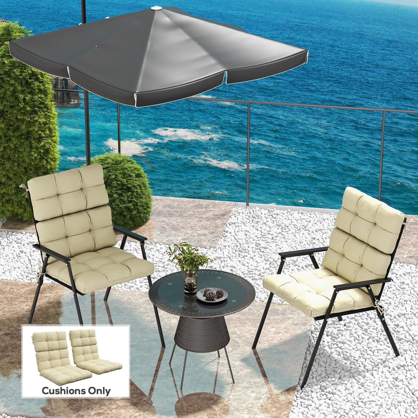 2-Piece Seat Cushion Replacement with Backrest, Garden Patio Chair Cushions Set with Ties, Beige