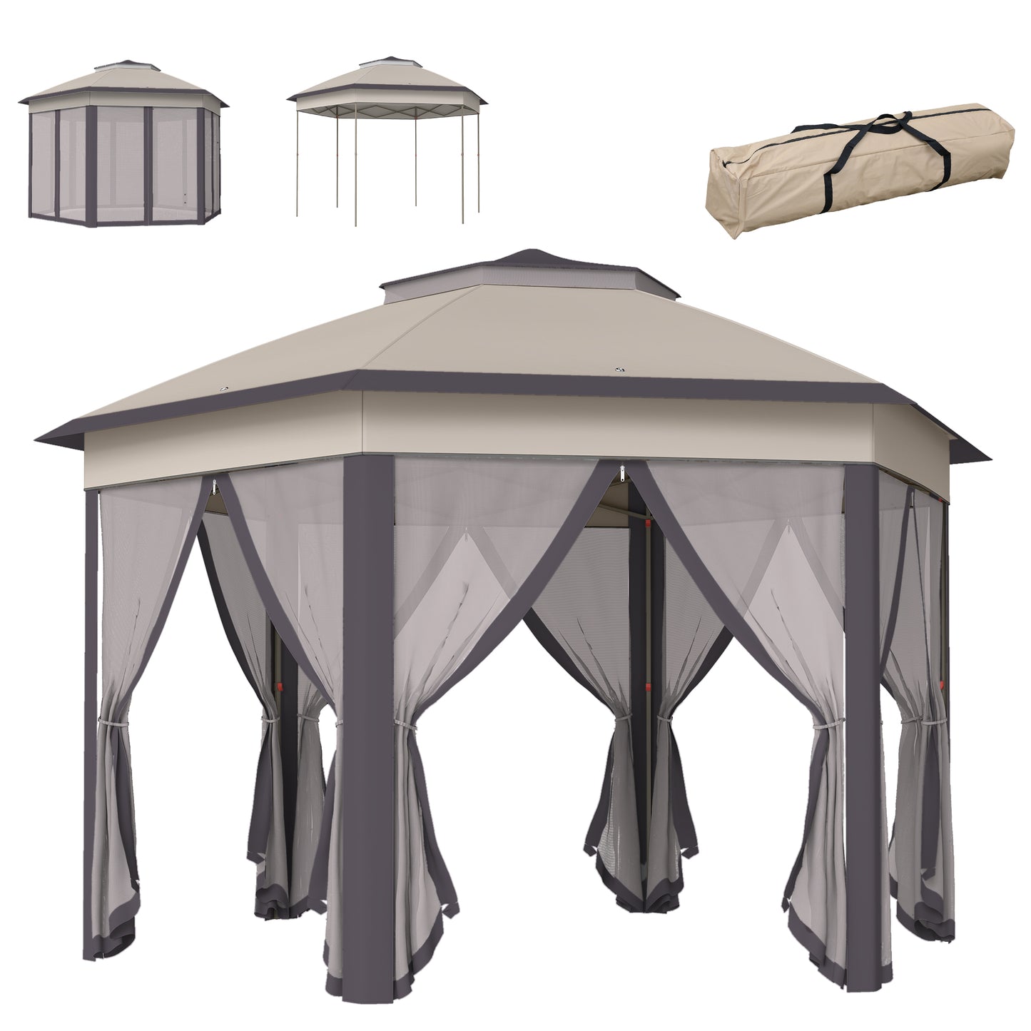3 x 4m Garden Gazebo Hexagon Pop Up Gazebo Party Tent Canopy Double Roof Instant Shelter with Netting and Carry Bag for Outdo