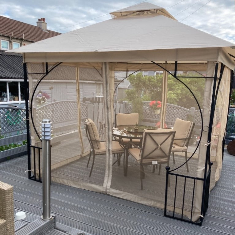 3 x 3(m) Garden Gazebo Patio Party Tent Shelter Outdoor Canopy Double Tier Sun Shade Metal Frame Netting, Beige