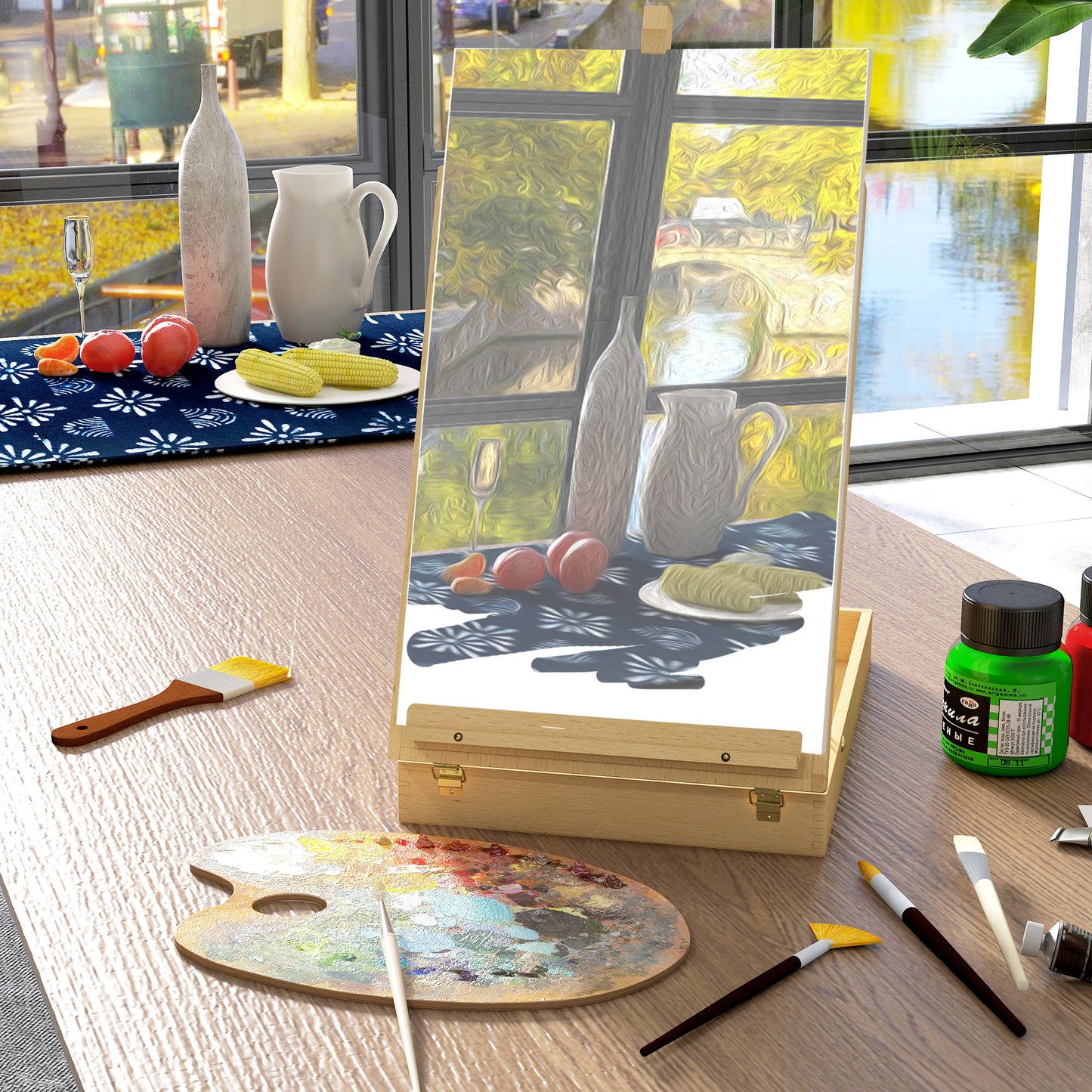 Wooden Table Easel Box Hold Canvas up to 61cm, Adjustable Beechwood Storage Table Box Easel