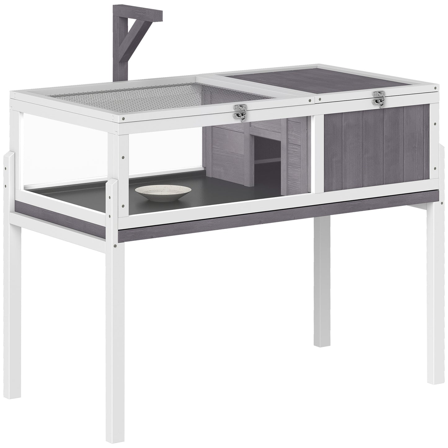 Wooden Tortoise House with Dual-Zone Habitat, Clear Panels, Openable Top, Metal Mesh, for Tortoises and Small Pets, Grey