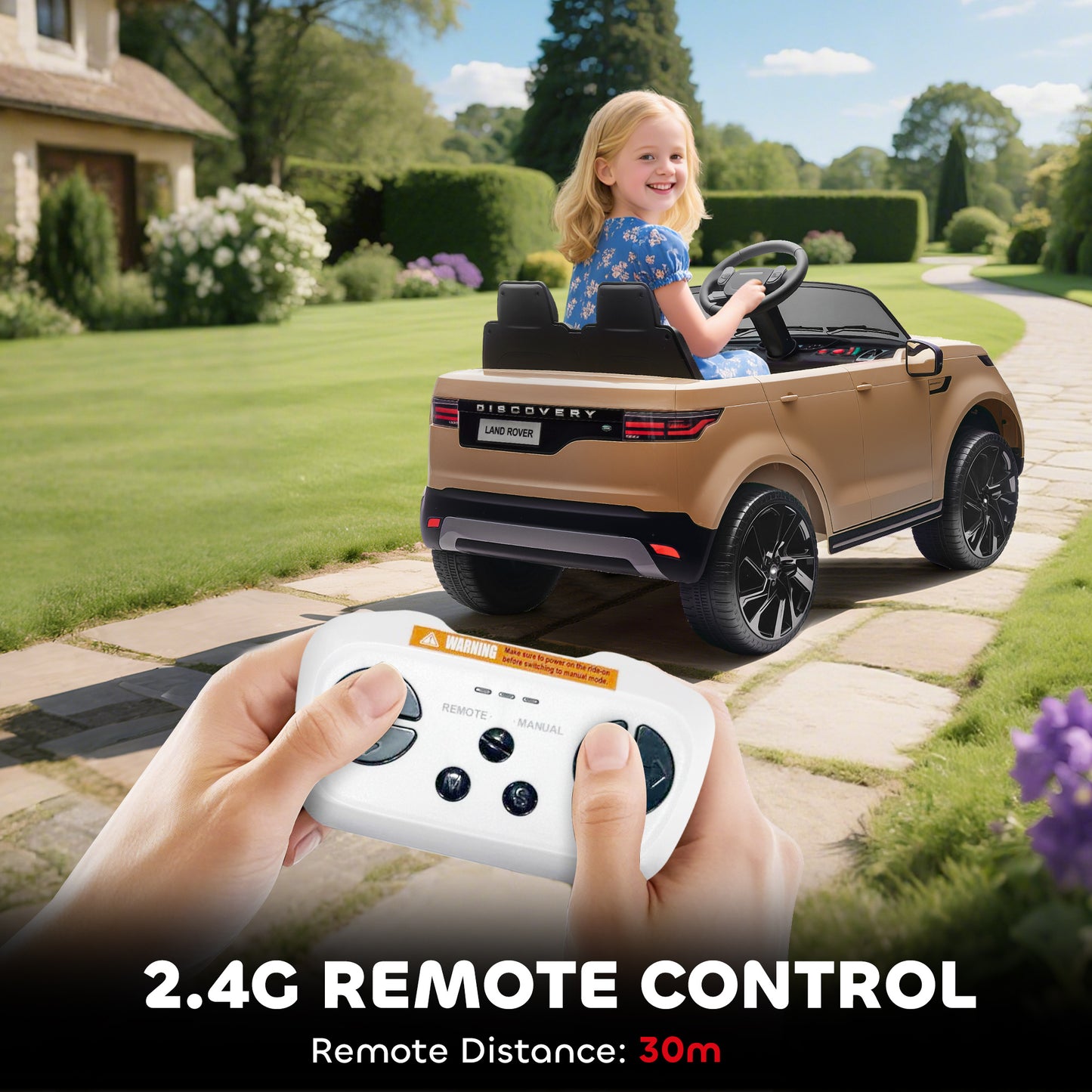 Land Rover Discovery Licensed 12V Kids Electric Car with Remote, 4 Wheel Suspension, Slow Start, Lights, Music, Khaki