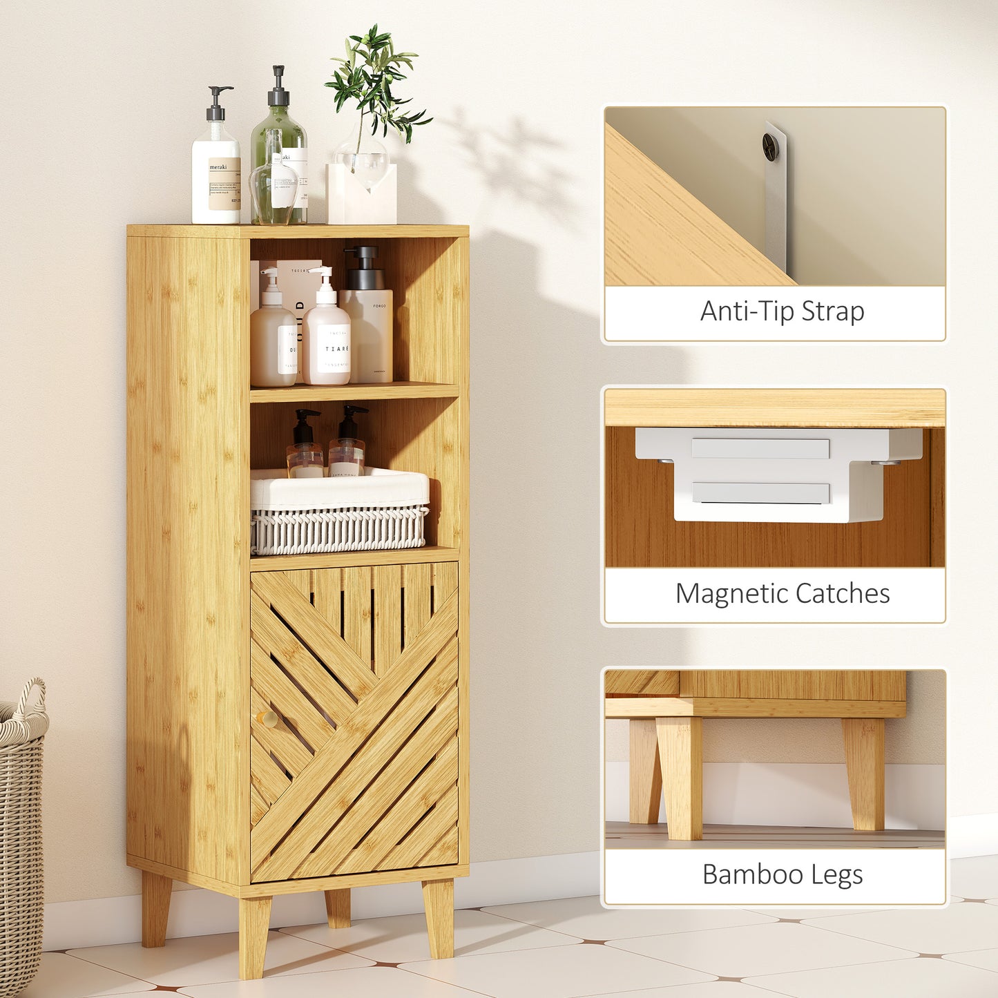 Slim Bathroom Cabinet with Bamboo Door and Legs, Narrow Bathroom Storage Cabinet