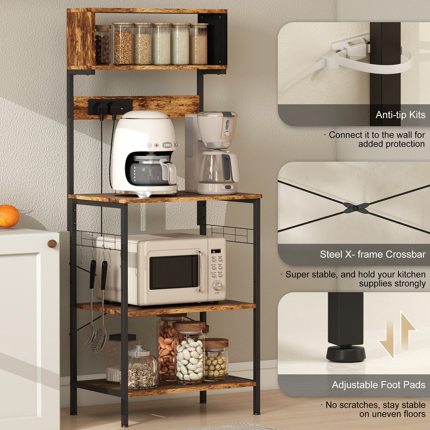 Kitchen Storage Rack, Bakers Rack with Power Outlet, USB Charger, Rustic Brown