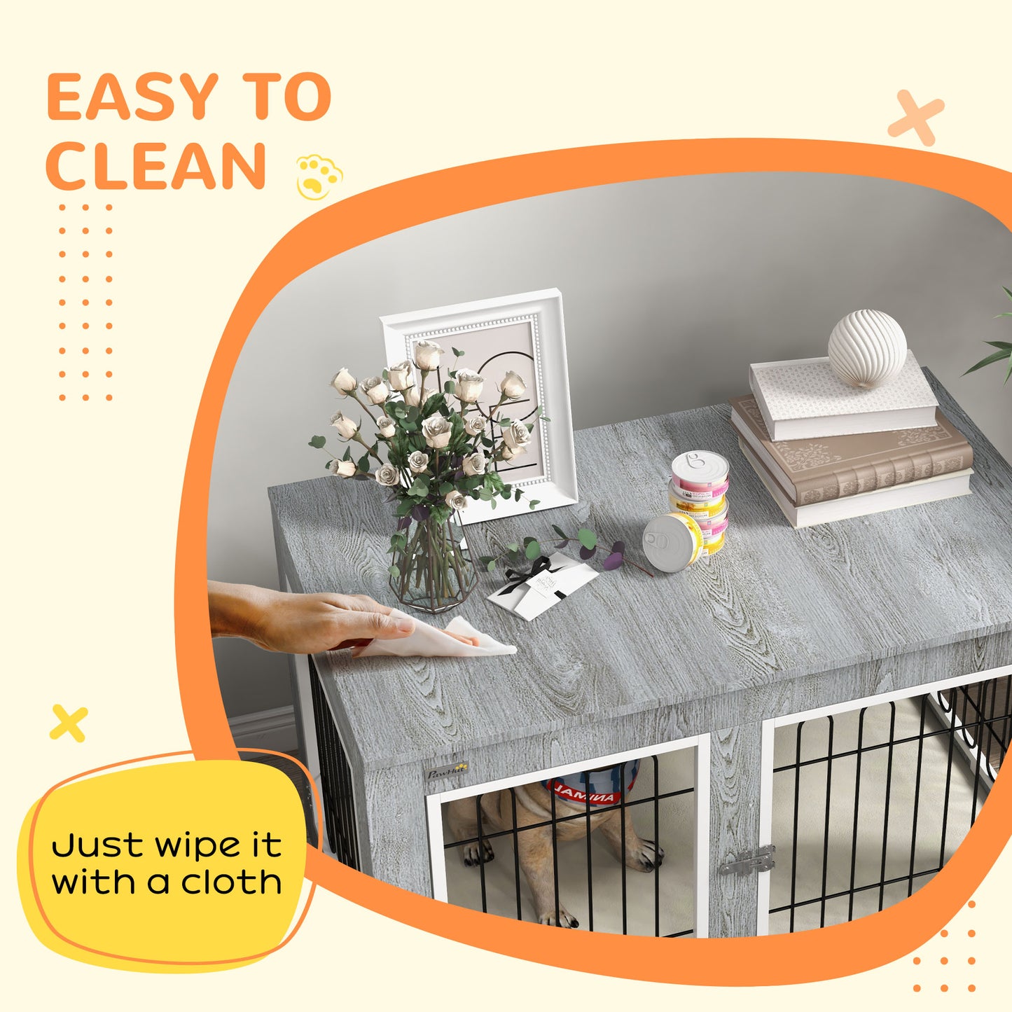 Dog Crate Furniture End Table, with Washable Cushion, Double Doors, for Medium/Large Dogs, Grey