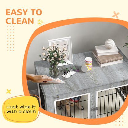 Dog Crate Furniture End Table, with Washable Cushion, Double Doors, for Medium/Large Dogs, Grey