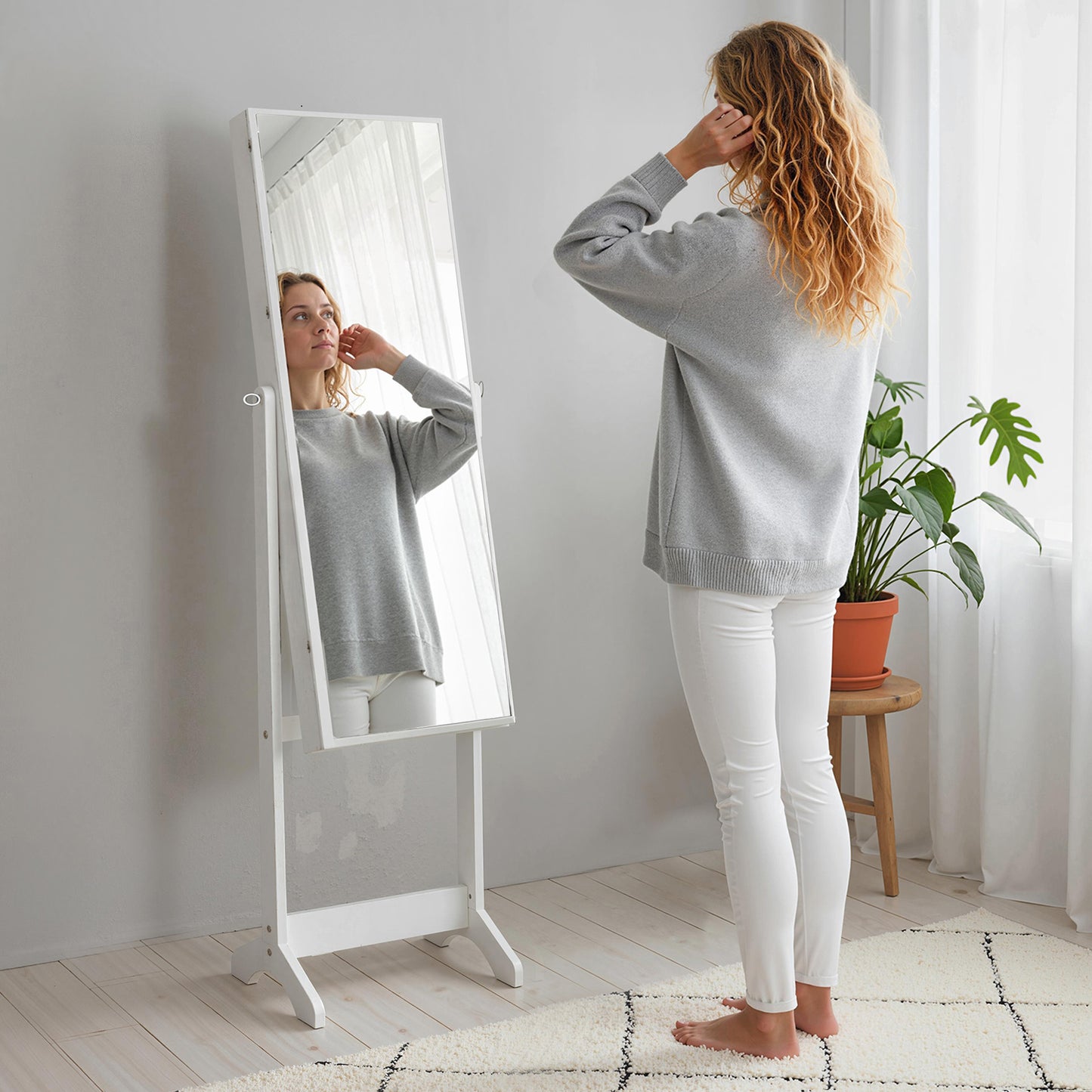 Full Length Mirror with Storage, Jewellery Cabinet with Mirror, Adjustable Angle and Stand