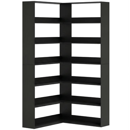 7 Tiers Bookshelf, L-Shaped Corner Bookcase with Anti-Slip Rear Guard, Black Wood Effect