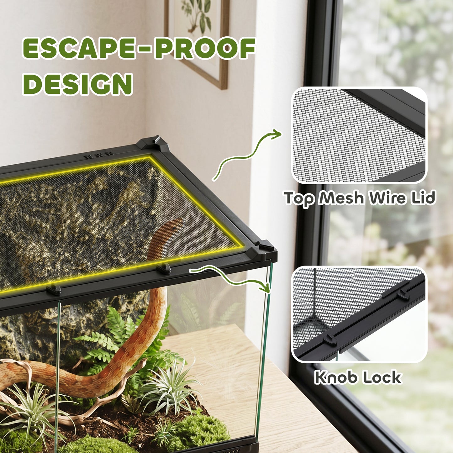 Reptile Glass Terrarium with Stone Background, Front Ventilation, Escape-Proof Knob Lock, 50 x 30 x 35 cm, Black