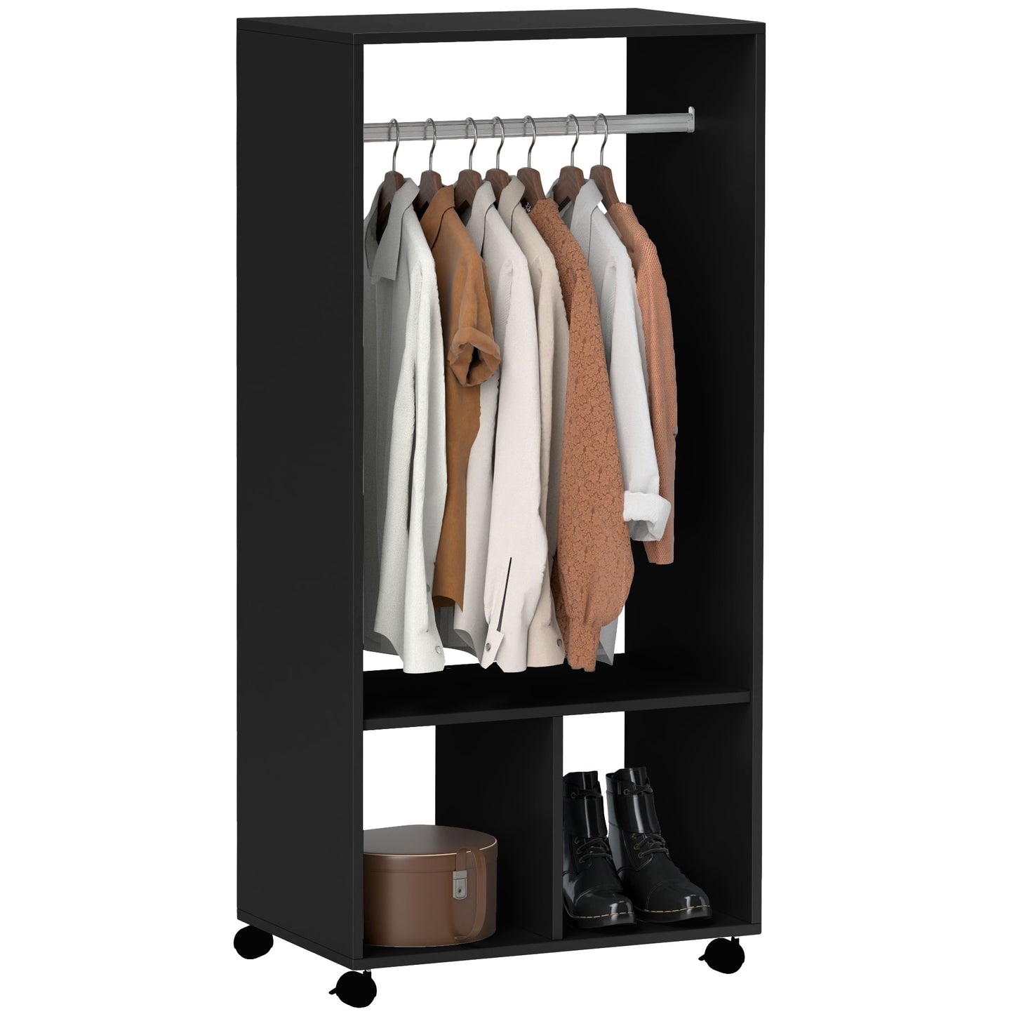 Open Wardrobe on Wheels, Bedroom Wardrobe with Clothes Hanging Rail, 2 Storage Shelves, Mobile Garment Rack for Cloakroom