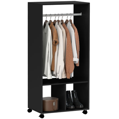 Open Wardrobe on Wheels, Bedroom Wardrobe with Clothes Hanging Rail, 2 Storage Shelves, Mobile Garment Rack for Cloakroom
