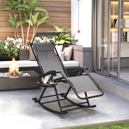 Garden Rocking Chair Folding Recliner Outdoor Adjustable Sun Lounger Rocker Zero-Gravity Seat with Headrest Side Holder Patio
