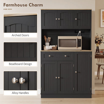 173 cm Tall Kitchen Cupboard with Charging Station, Pantry Storage Cabinet with Adjustable Shelves and 4 Door Racks