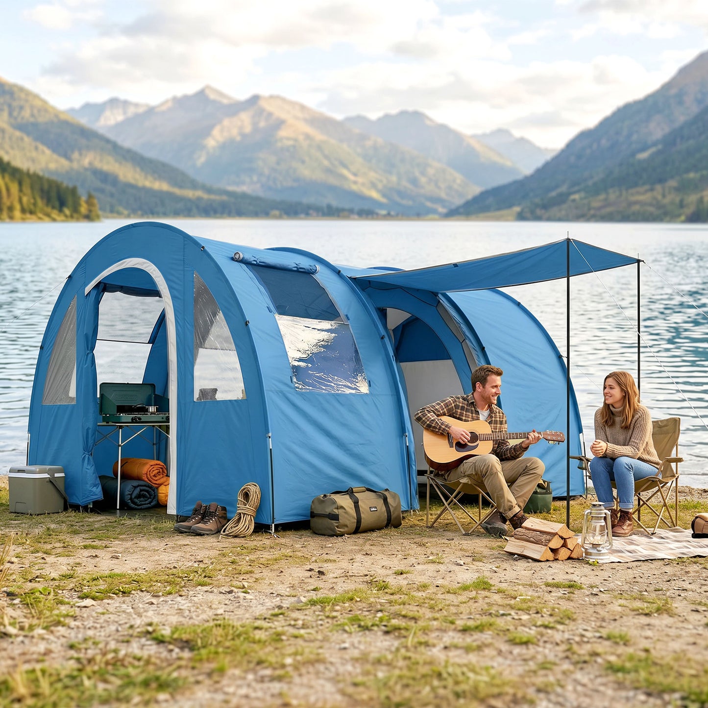 4 Man Camping Tent with 2 Room, Floor and Carry Bag - Blue