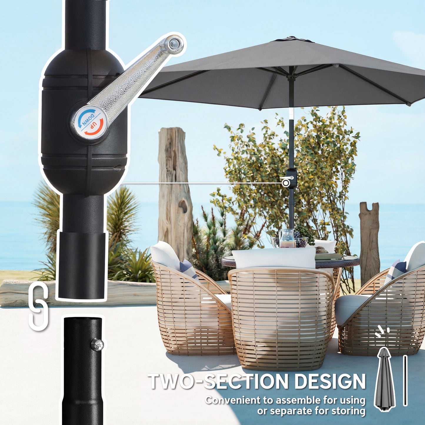 2.6 m Garden Parasol Umbrella with Aluminium Pole, Outdoor Patio Umbrella with Tilt and Crank, Vent, Grey