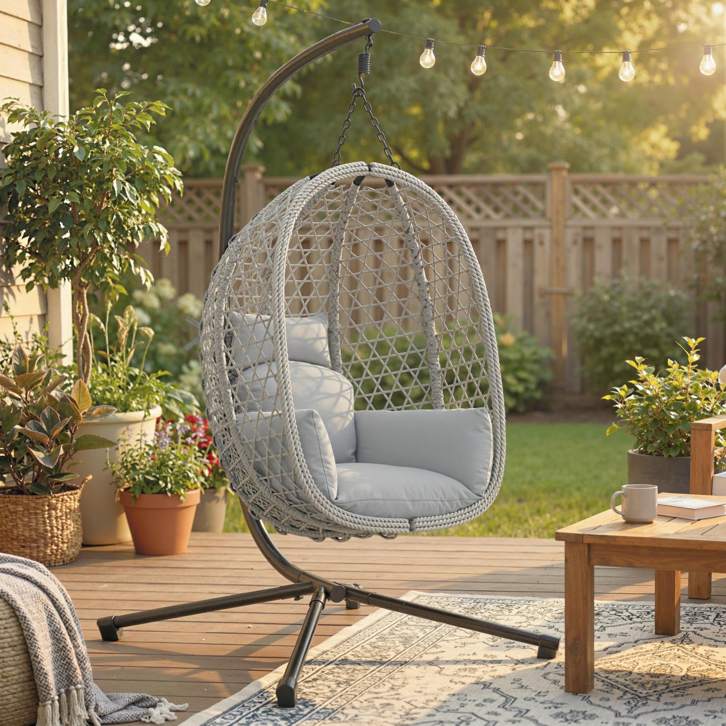Hanging Egg Chair, Indoor Outdoor Rattan Hammock Swing Chair with Stand, Safety Strap, Foldable Basket, Light Grey