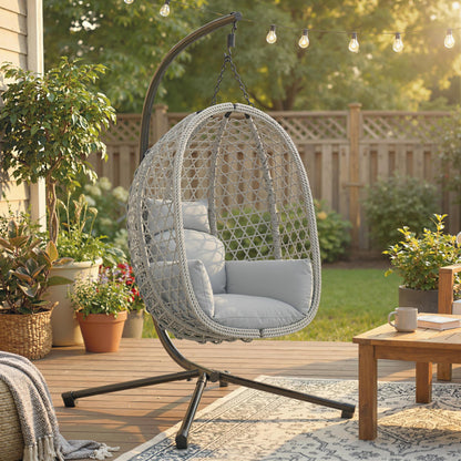 Hanging Egg Chair, Indoor Outdoor Rattan Hammock Swing Chair with Stand, Safety Strap, Foldable Basket, Light Grey