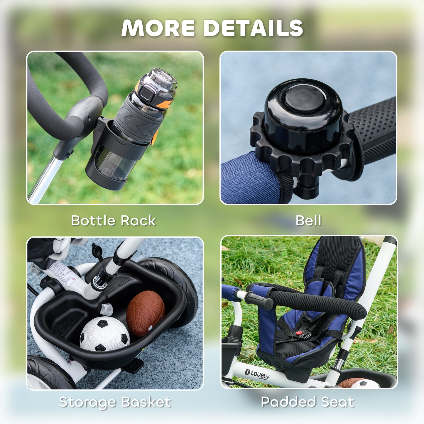 Metal Frame 6 in 1 Baby Push Tricycle with Parent Handle for 1-5 Years Old, Dark Blue