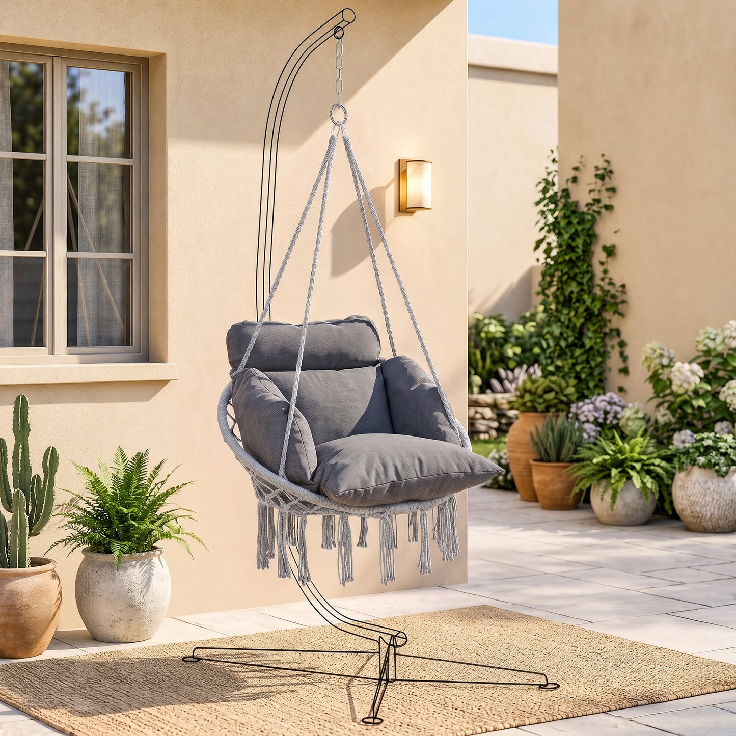 Hanging Chair Outdoor Hammock Chair with Soft Cushion, Cotton Rope Boho Style Swing Chair