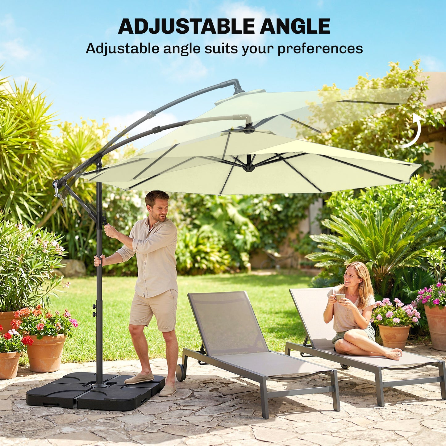 3m Overhanging Parasol, with Base, Weights and Cover - Beige