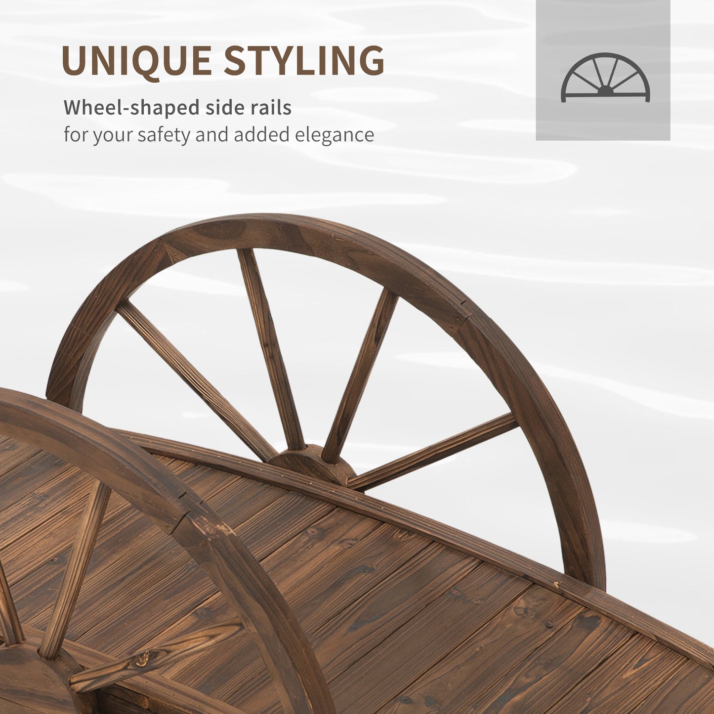 Wooden Garden Bridge Lawn Décor Stained Finish Arc Outdoor Pond WalkwayYard Decoration Half Wheeled Railings 100L x 50W x 37H