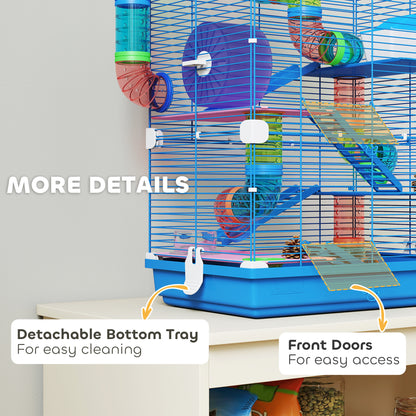 5 Tier Hamster Cage Carrier Habitat w/ Exercise Wheels, Tunnel, Blue