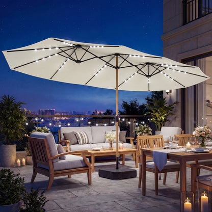 Double Sided Garden Parasol with Base Included & 48 Solar LED Lights Patio Umbrella Crank Handle 4.6m Cream White