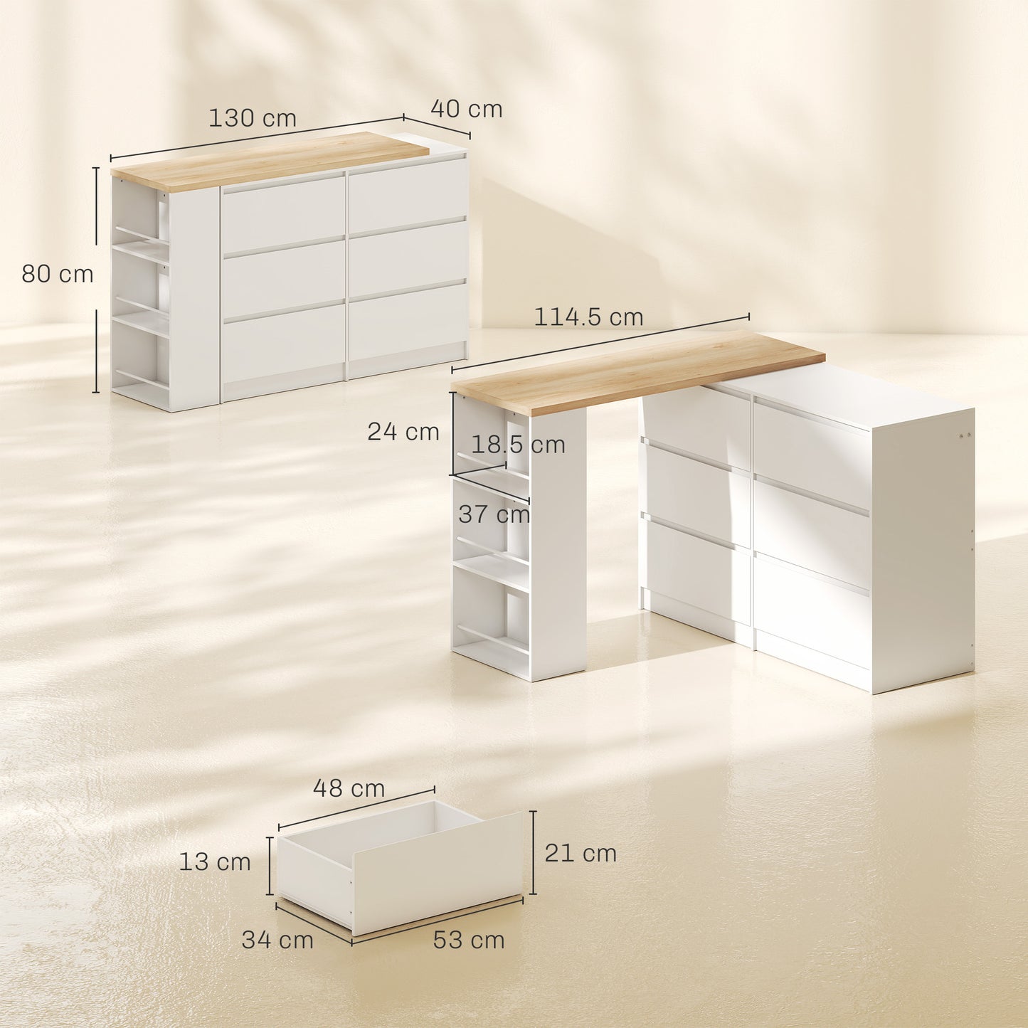 Vanity Table, Dressing Table with 6 Drawers and 3-Tier Shelf for Women and Girls, White
