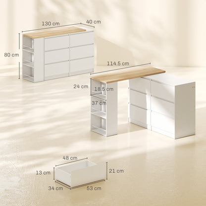 Vanity Table, Dressing Table with 6 Drawers and 3-Tier Shelf for Women and Girls, White