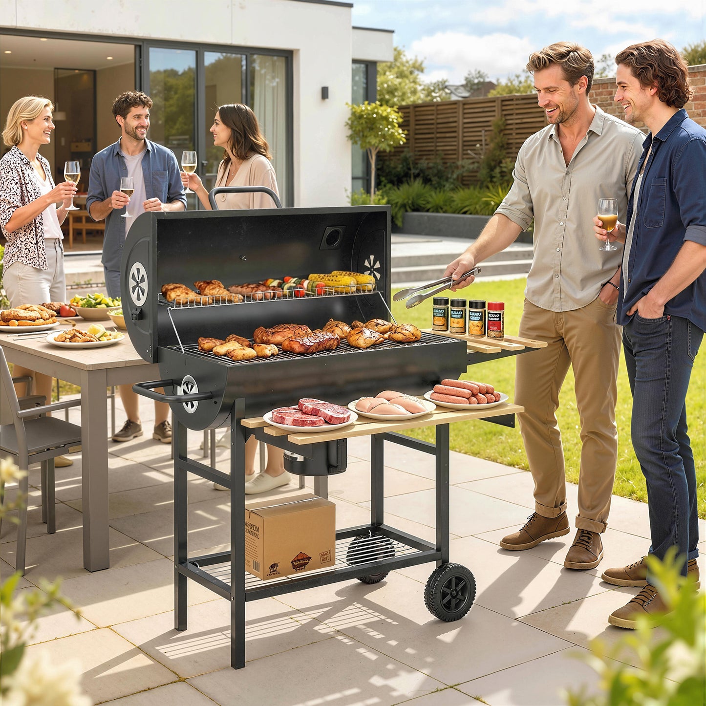 Charcoal Grill, Barrel BBQ Smoker with Warming Rack, Charcoal BBQ Grill with Foldable Shelves, Natural Wood and Black