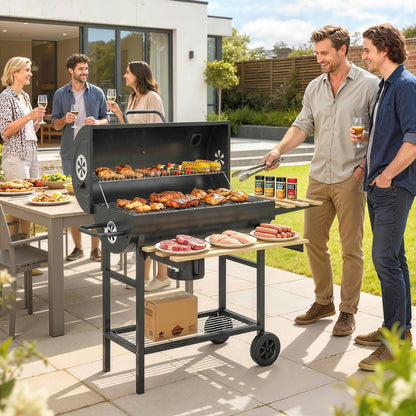 Charcoal Grill, Barrel BBQ Smoker with Warming Rack, Charcoal BBQ Grill with Foldable Shelves, Natural Wood and Black