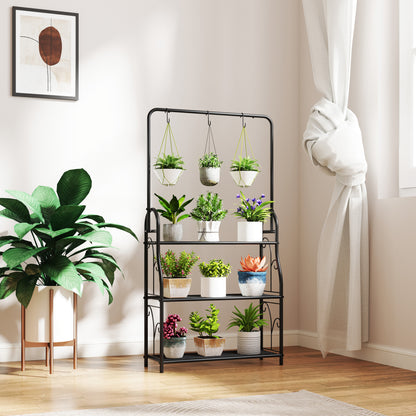 3 Tier Plant Stand with Hanging Rod and Hooks, Metal Plant Rack Shelf