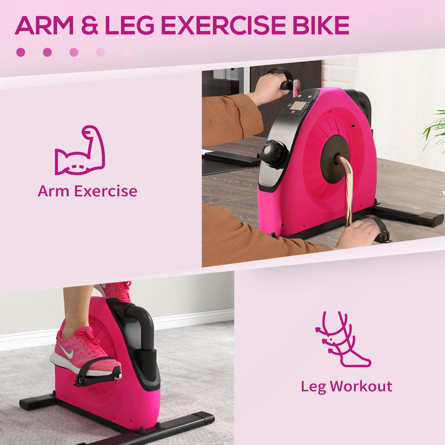 Mini Exercise Bike, Portable Pedal Exerciser with LCD Display for Legs, Arms, Rehabilitation, Therapy, Pink