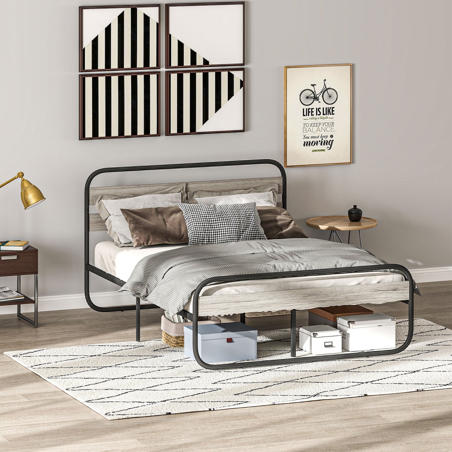 4ft6 Double Bed Frame, Industrial Style Metal Platform Bed Frame with Under Bed Storage, No Box Spring Needed, Easy Assembly