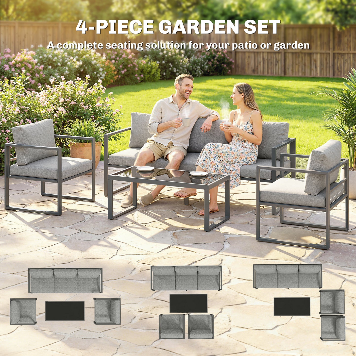 4 Piece Outdoor Garden Furniture Set, Patio Furniture with 3-Seater Sofa, Armchairs and Coffee Table