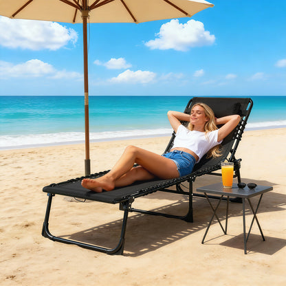 Foldable Sun Lounger, Outdoor 4 Level Adjustable Backrest Reclining Chaise Chair, Steel Frame Recliner Chair for Camping