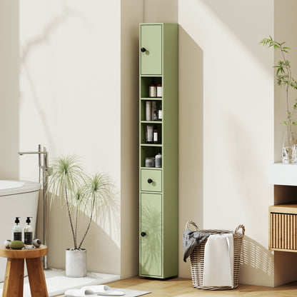 180cm Slim Bathroom Cabinet, with Drawer, Shelves and Cupboards - Green