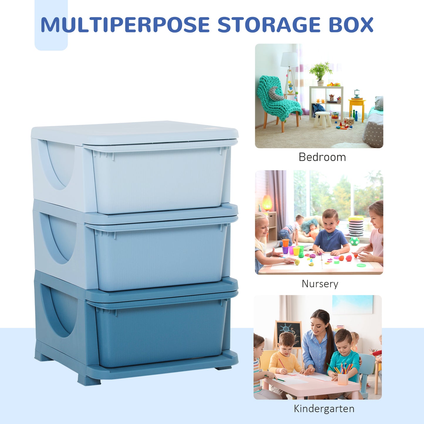 3 Drawers Plastic Kids Storage Units, 3 Tier Children Toy Chest for Nursery, Playroom, Bedroom, Blue
