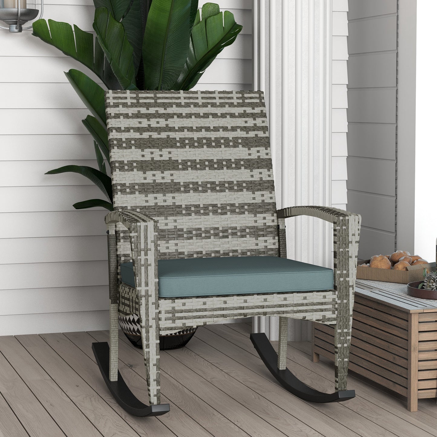 PE Rattan Garden Rocking Chair, Outdoor Rocking with Cushion, 160 KG Capacity Wicker Garden Armchair Rocker