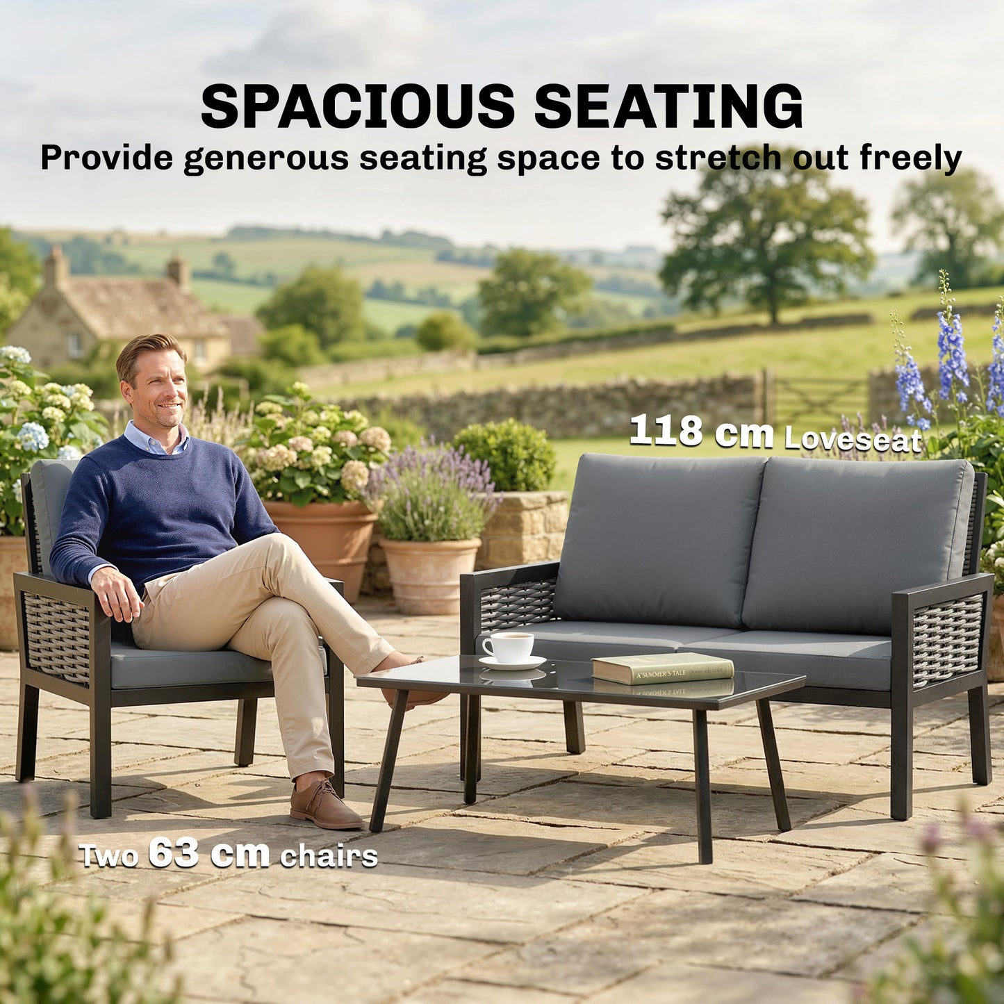 4 Seater Rattan Garden Furniture Set with 2 Armchairs, Loveseat, Coffee Table, Garden Sofa Set with Cushions, Dark Grey