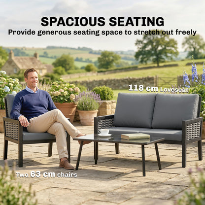 4 Seater Rattan Garden Furniture Set with 2 Armchairs, Loveseat, Coffee Table, Garden Sofa Set with Cushions, Dark Grey