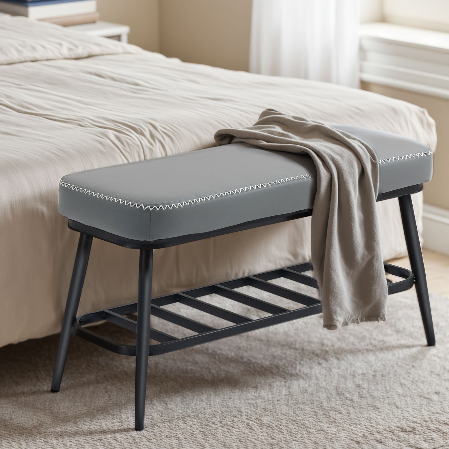 PU Leather Shoe Storage Bench - Grey
