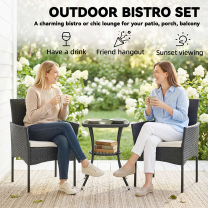 3 Piece Rattan Bistro Set, PE Wicker Garden Furniture Conversation Set with 2 Tier Glass-Top Table, Chairs, Cream White