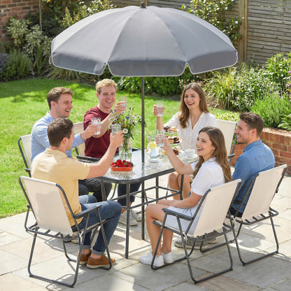 8 Piece Garden Dining Set with Umbrella Garden Furniture Set with 6 Folding Chairs, Tempered Glass Table for Patio Cream