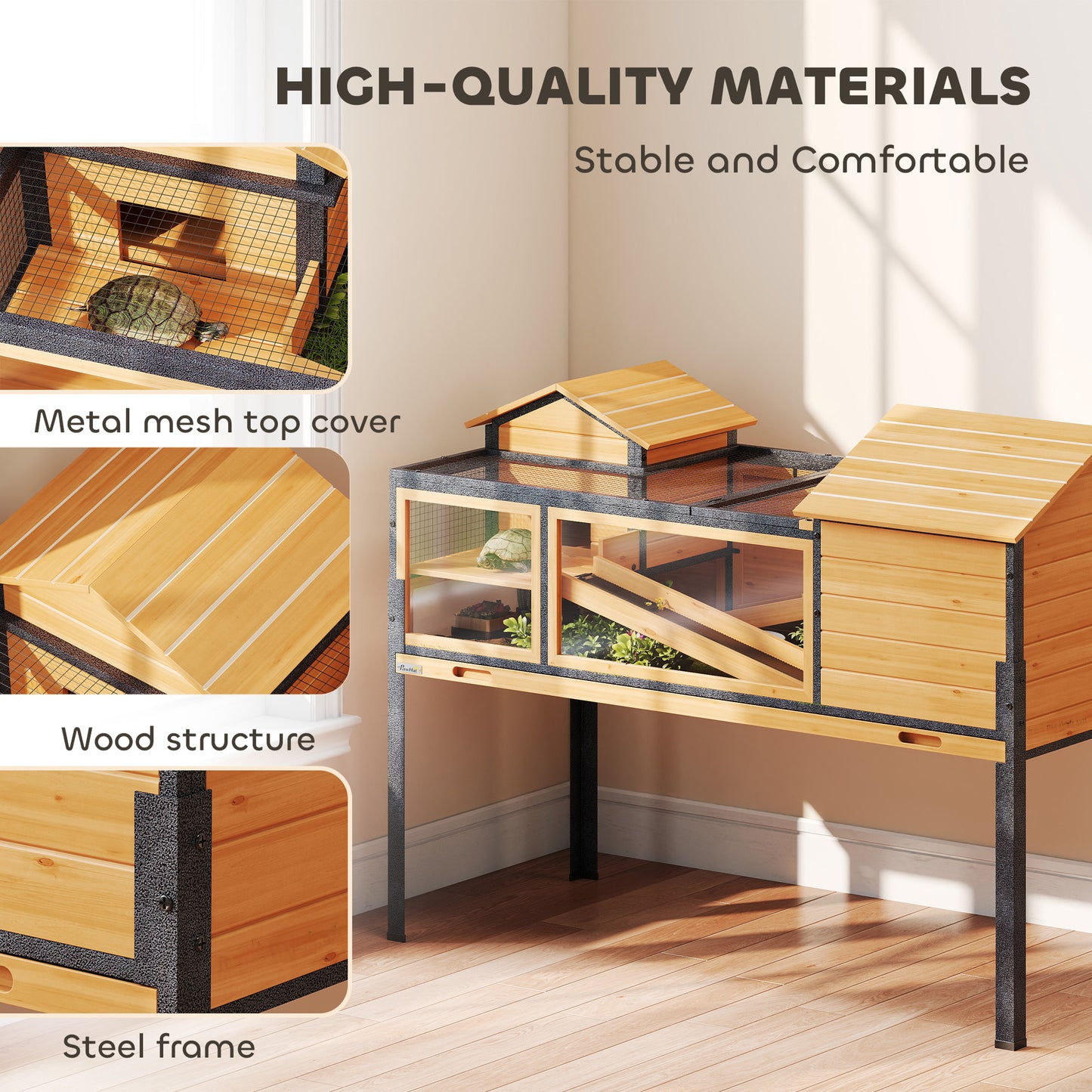 Wooden Tortoise House with Stand Legs, Clear Observation Windows, Ramps, Openable Top, Built-in Tray, Yellow